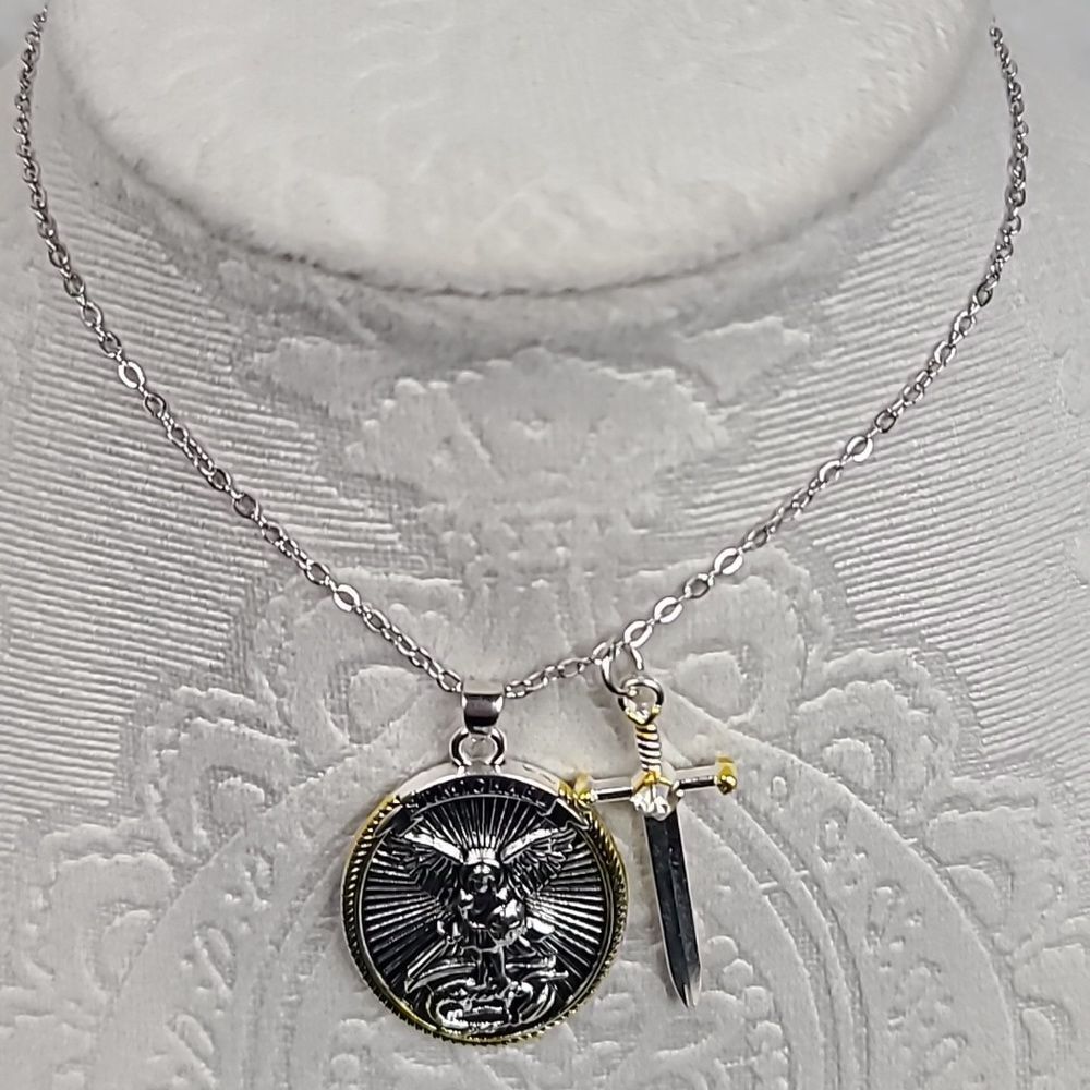St Michael Archangel Necklace Sword Ephesians 6:10 Armor of God Christian Saint - Picture 9 of 10